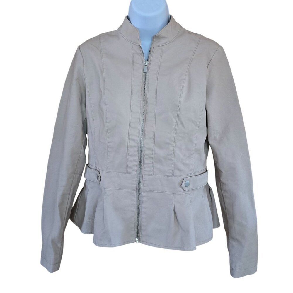 Baccini Womens Beige Peplum Jacket Zip Up Casual Chic faux leather cottagecore